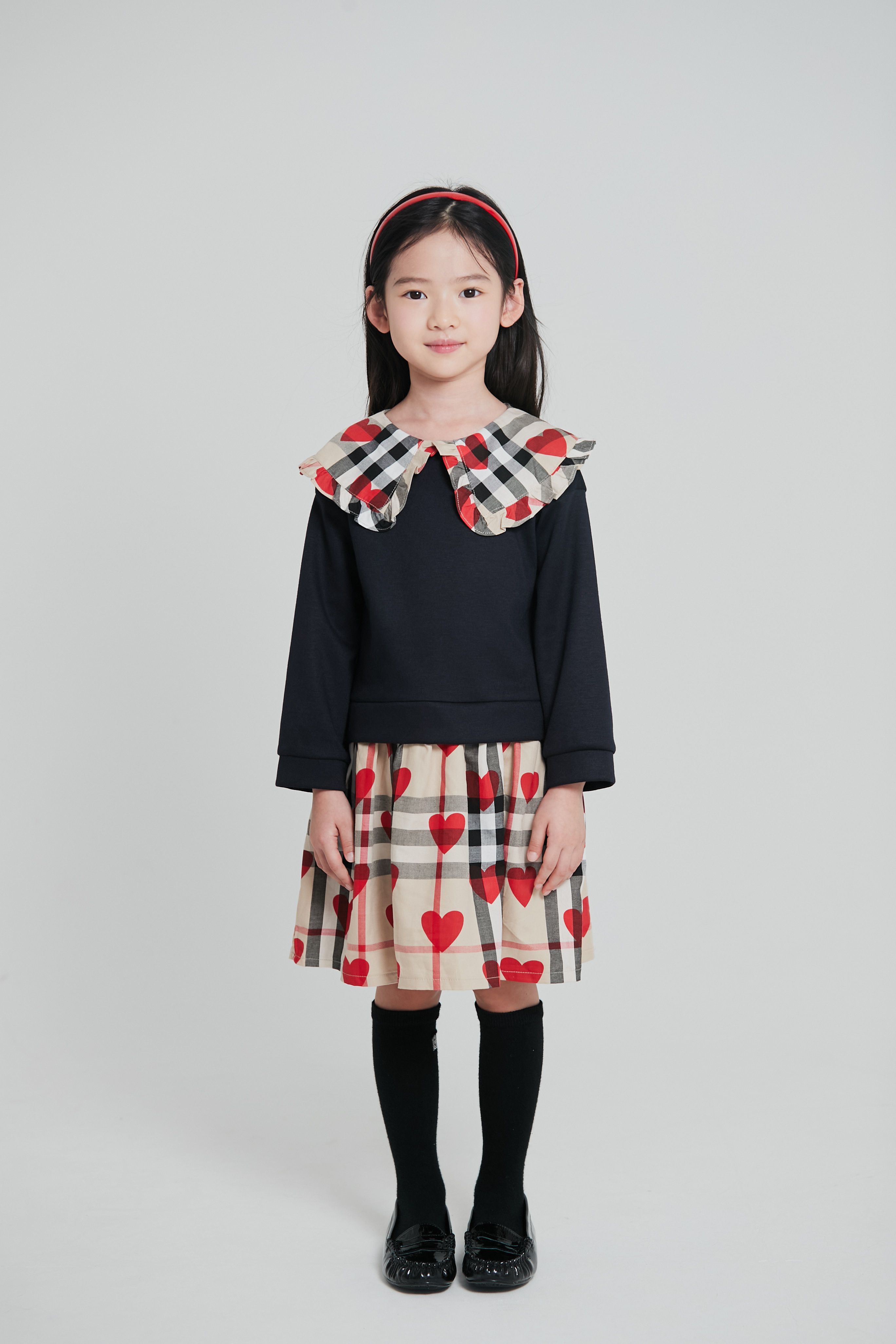 韓國 Coco Bang - 假兩件愛心格紋翻領洋裝-深藍