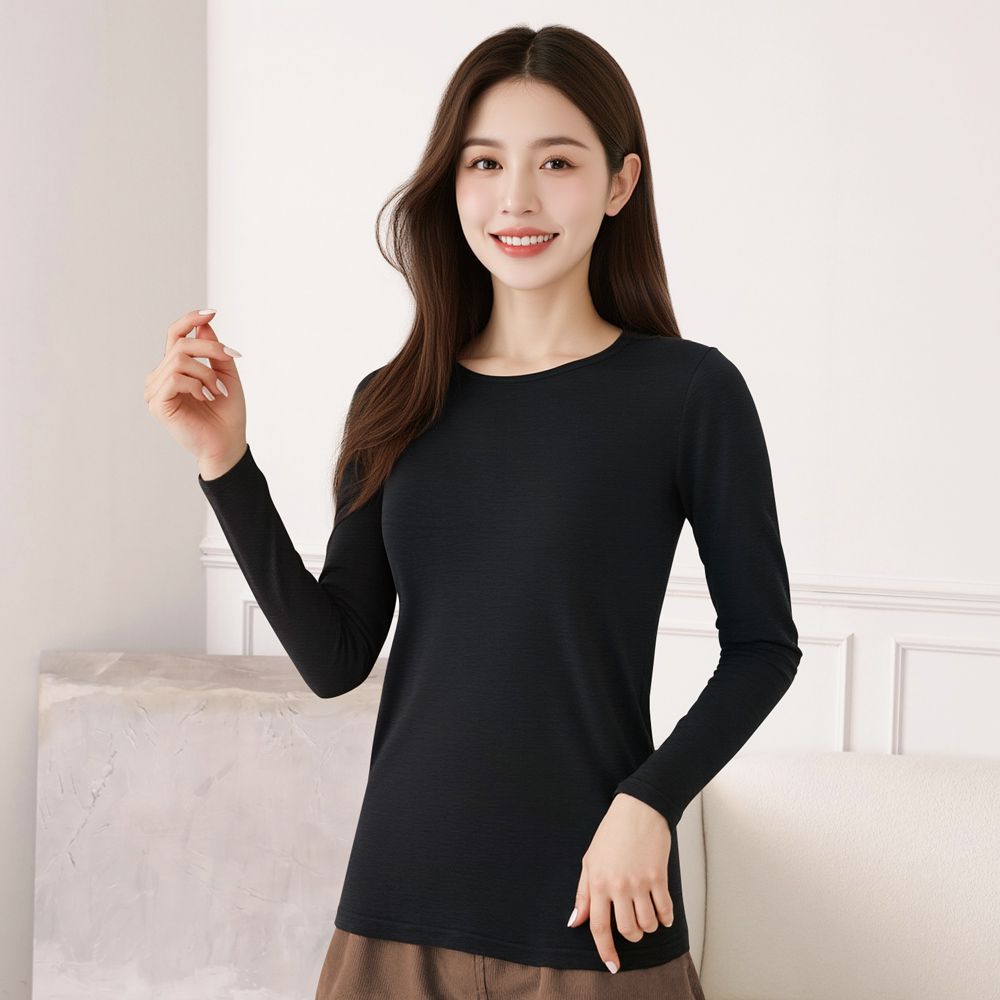 女款膠原蛋白蓄熱保暖衣-圓領-墨黑