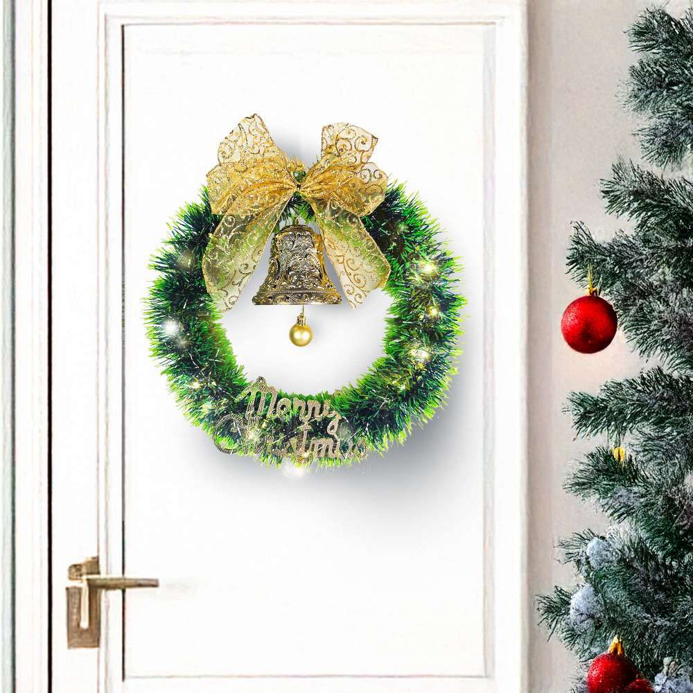 14吋森林雙綠漸層系金蔥彎絲聖誕花圈+20燈LED暖白光燈串_本島免運費