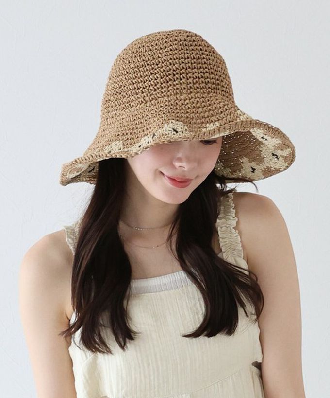 日本 BLUE EAST - 甜蜜花朵編織遮陽漁夫帽-棕