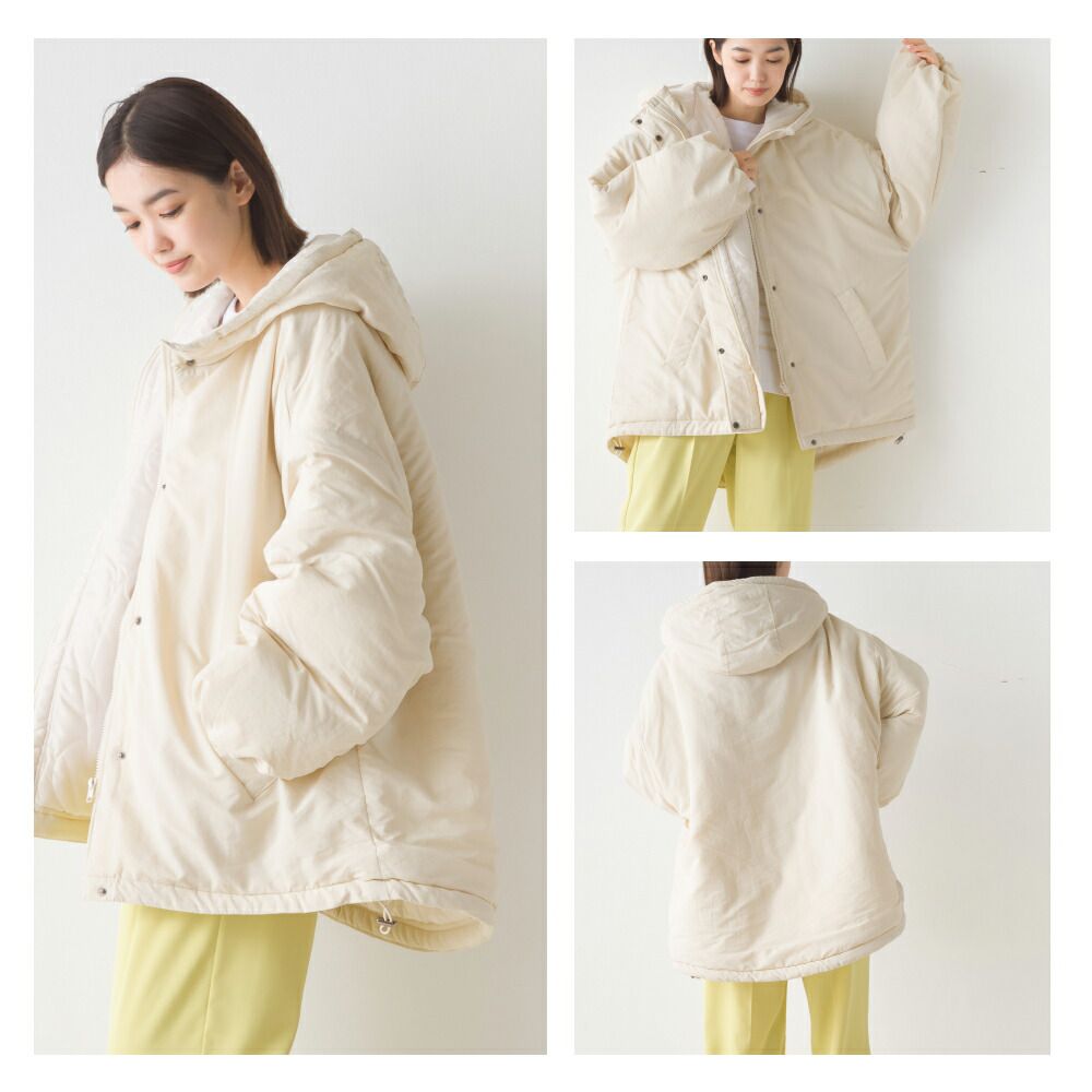 日本 OMNES - [防風機能]立領寬版連帽鋪棉外套-軍綠