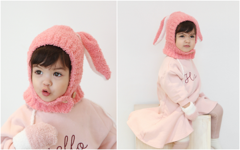 韓國 Babyblee - 兔耳朵遮脖保暖帽-粉紅 (FREE)