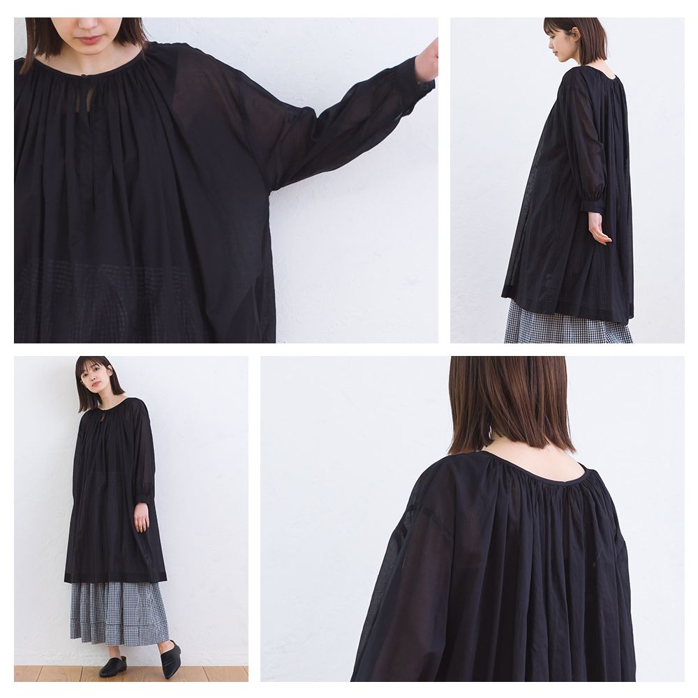 日本 OMNES - 微透膚圓領落肩長袖洋裝-白