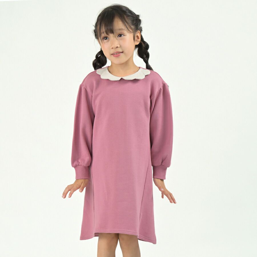 日本 evercloset - 浪漫花朵領刷毛長袖洋裝-薰衣草