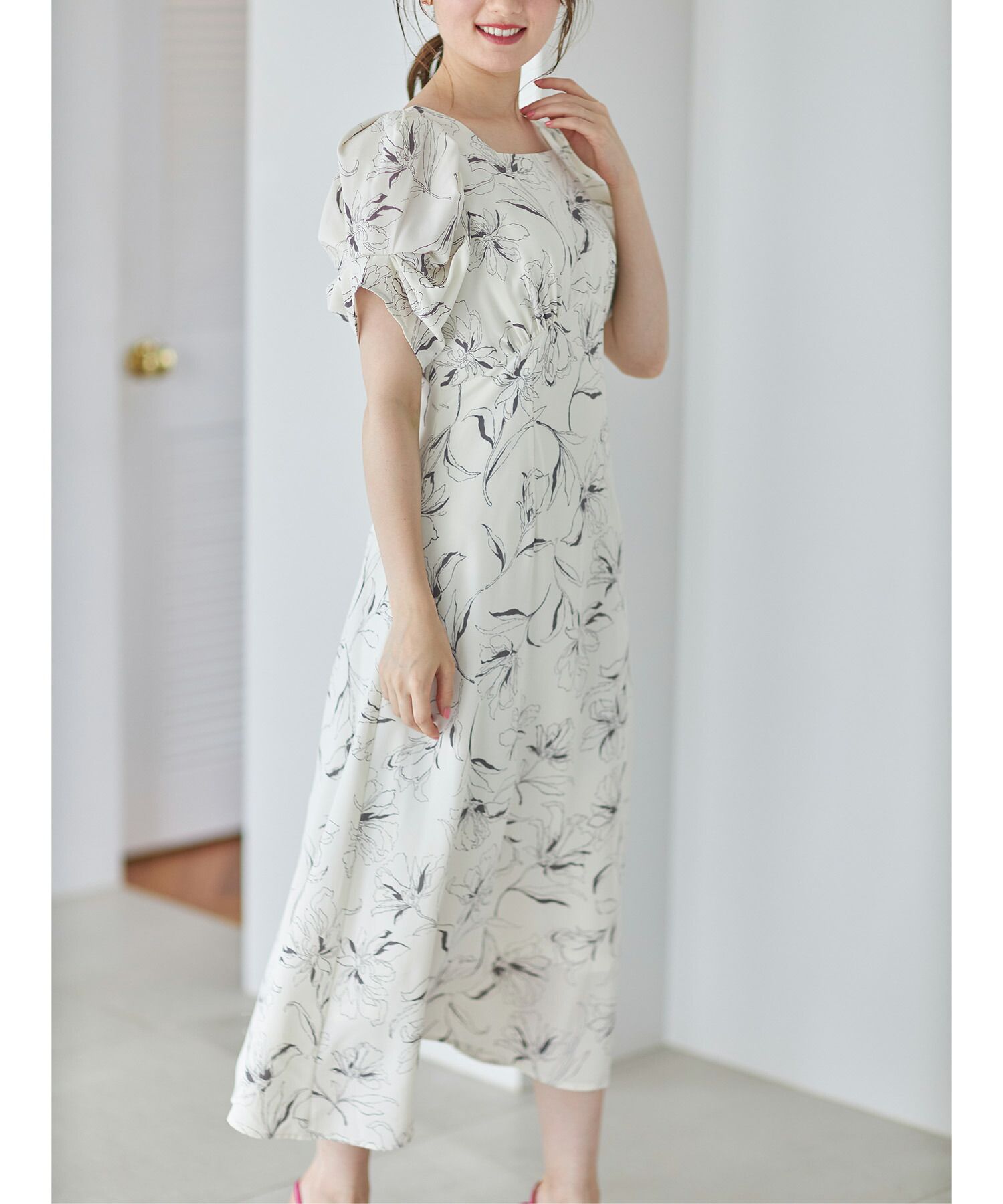 日本 tocco-closet - 典雅方領後綁帶泡泡袖洋裝-純潔百合-春芽綠