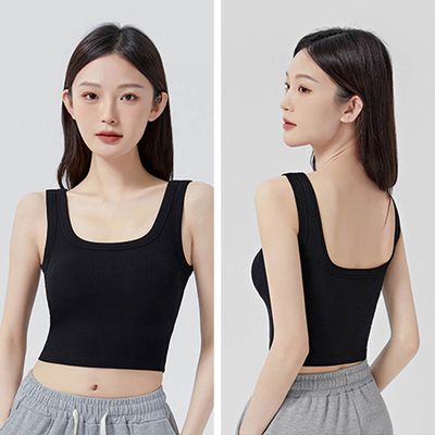 JS - U型美背中短版BRA TOP/附罩杯上衣-黑色