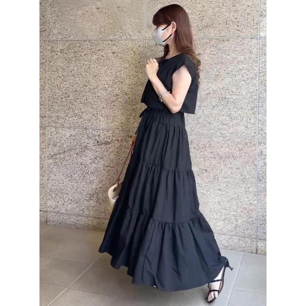 日本 GRL - 清新蛋糕層次無袖兩件式洋裝-經典黑
