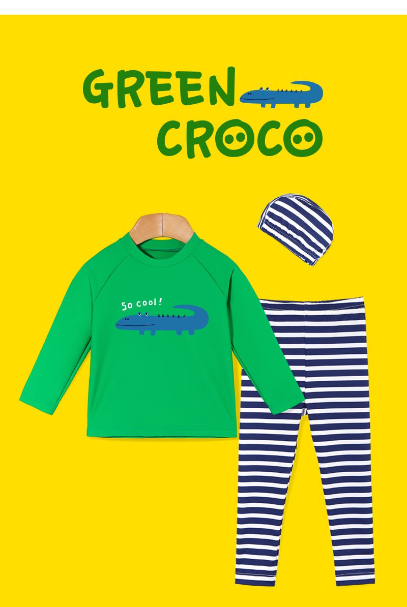 韓國 OZKIZ - 抗UV防曬兒童泳裝-三件組-綠色鱷魚