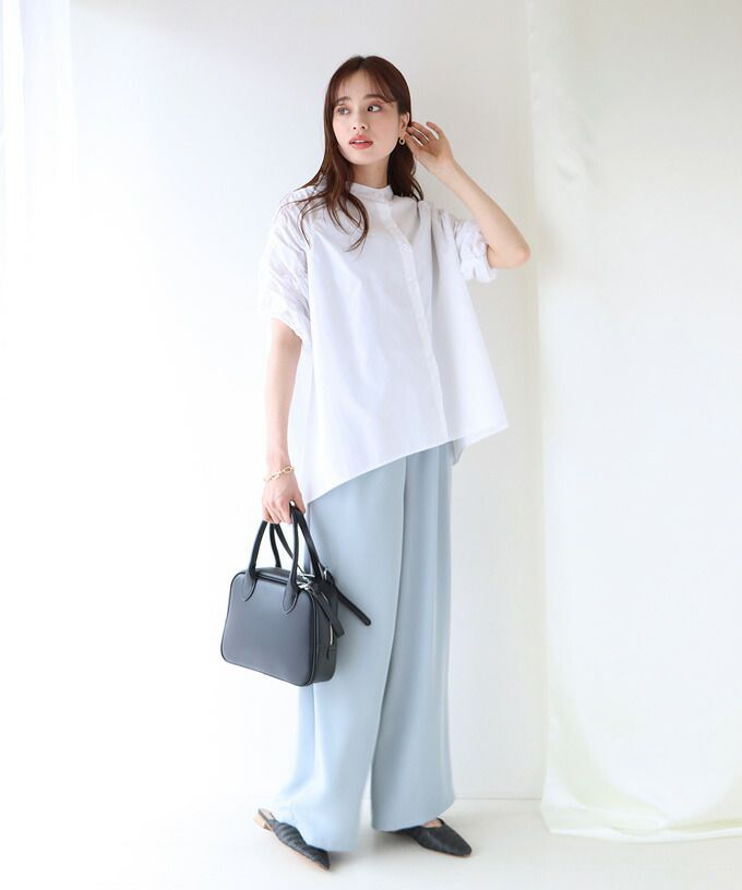 日本 BLUE EAST - 優雅小立領抓皺五分袖襯衫-水藍