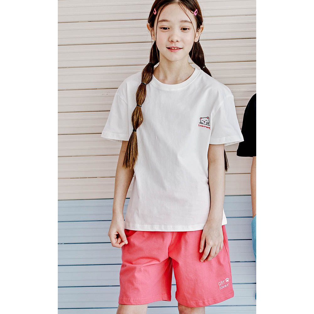 舒適純棉短袖套裝-刺繡貓咪-白X桃紅