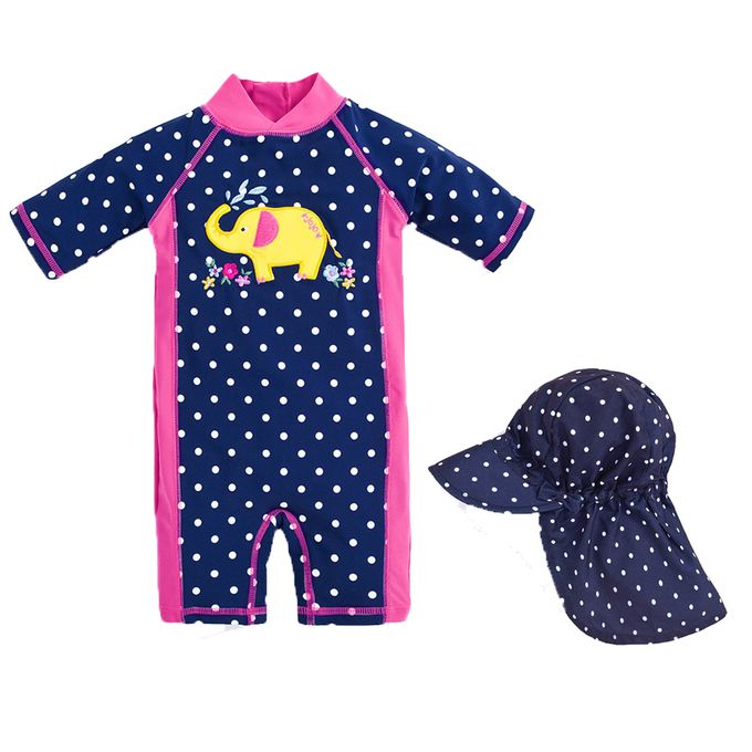 英國 JoJo Maman BeBe - 連身式泳裝+防曬護頸遮陽帽-黃色大象_JJD7967+藍底白點_JJVS-d2112-N