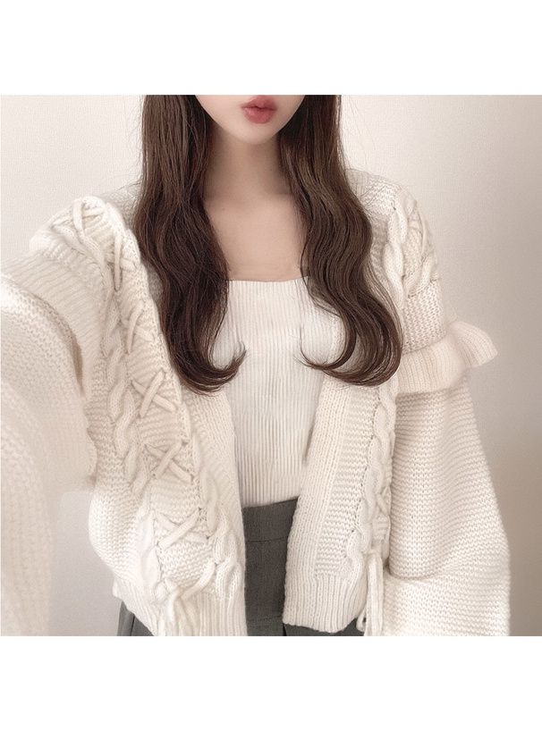 日本 GRL - 甜美交叉綁帶針織外套-黑 (F)