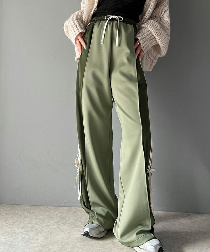 日本 Classical Elf - mily bilet 撞色拼接側綁帶寬褲-米杏