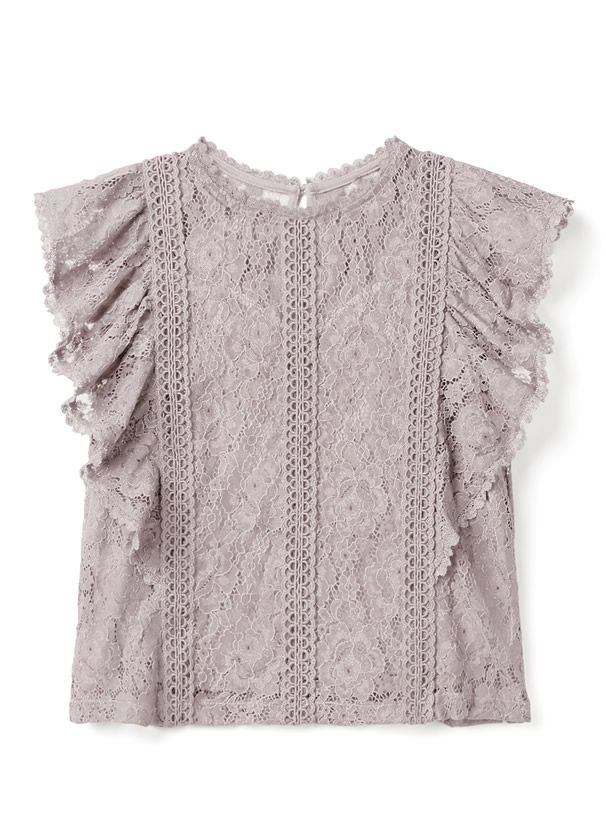 日本 GRL - 華麗蕾絲荷葉邊無袖上衣-灰粉