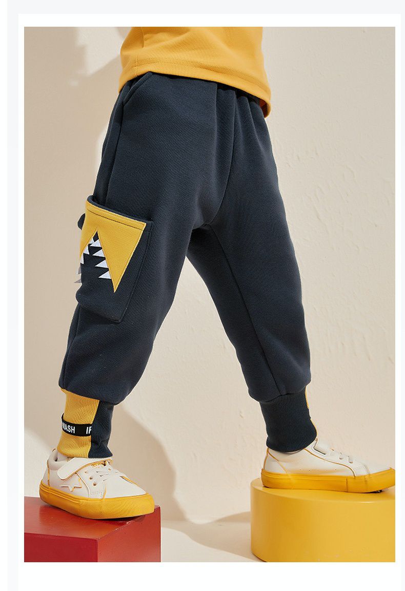 加絨腰鬆緊休閒保暖束口長褲-鱷魚口袋-灰+黃