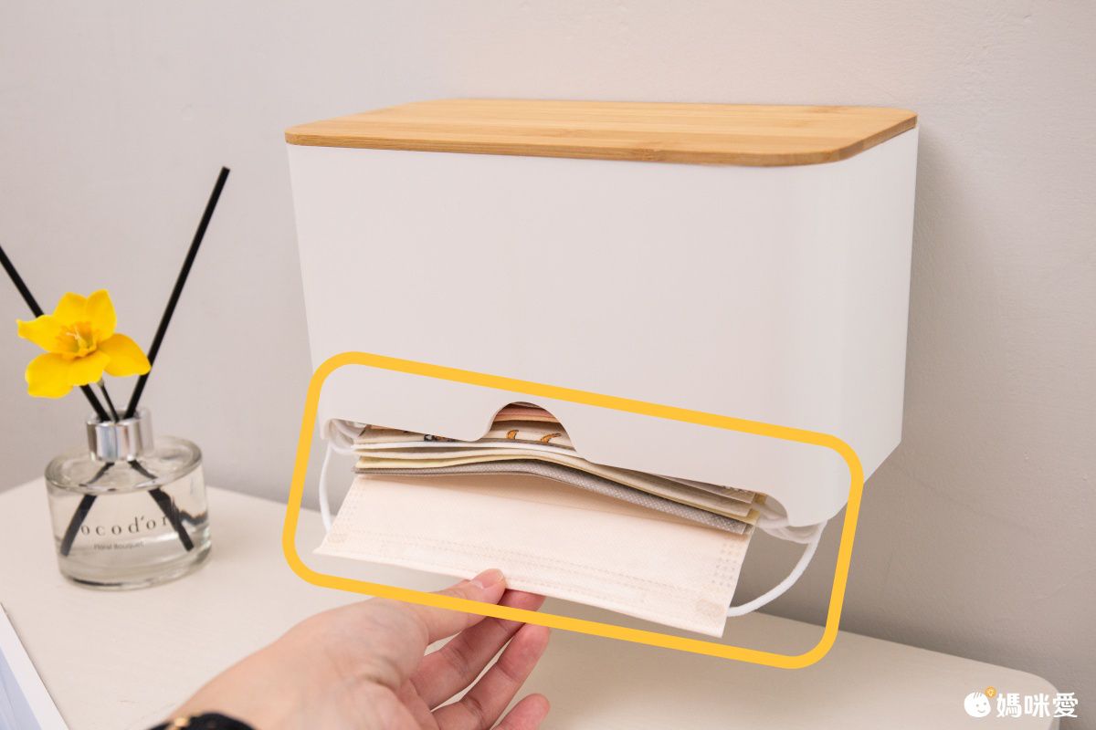 日式無印風口罩收納盒-竹板蓋款-白色 (12x23x13cm)