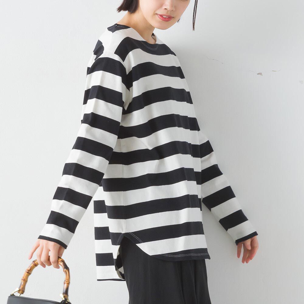 日本 OMNES - [下擺圓弧]純棉厚磅條紋長袖上衣-黑白粗體