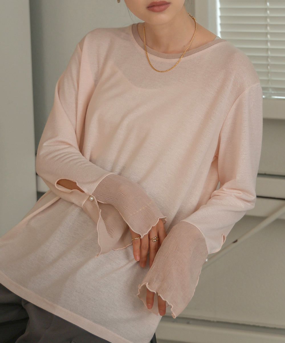 日本 Bab - 楊柳拼接珍珠薄長袖上衣-米杏