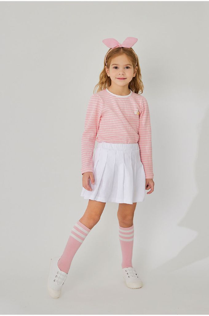 韓國 OZKIZ - 櫻桃點綴條紋長袖上衣-粉X白