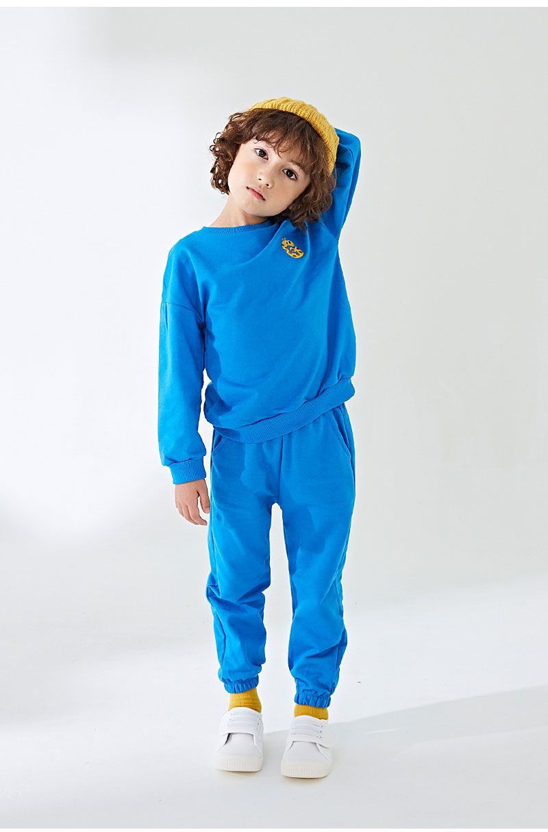 韓國 OZKIZ - 動物刺繡休閒長袖縮口套裝-長頸鹿-寶藍