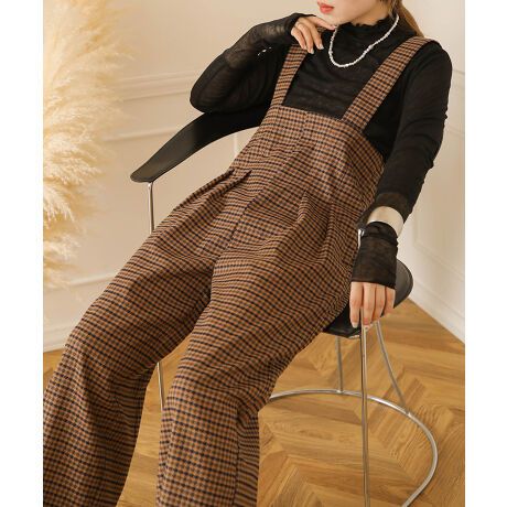 日本 Bab - 文藝少女歐風吊帶褲-格紋-卡其