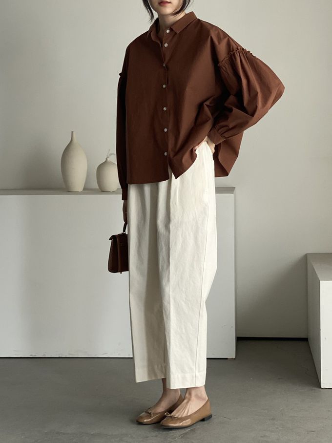 韓國女裝連線 - 極簡拼接翻領長袖襯衫-咖啡紅 (FREE)