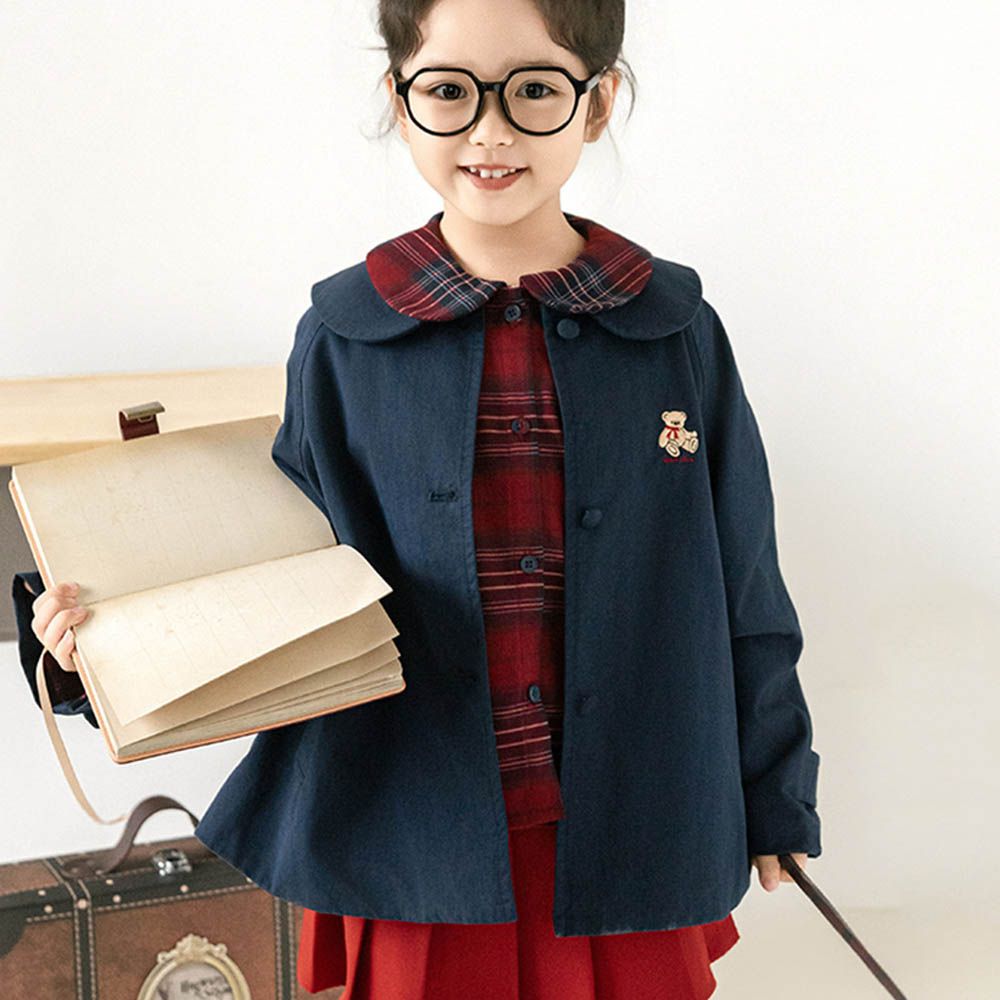 學院風甜美娃娃領風衣外套-小熊-藏青