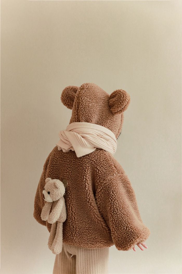 加厚連帽羊羔絨兒童造型外套-熊熊耳朵-米白色