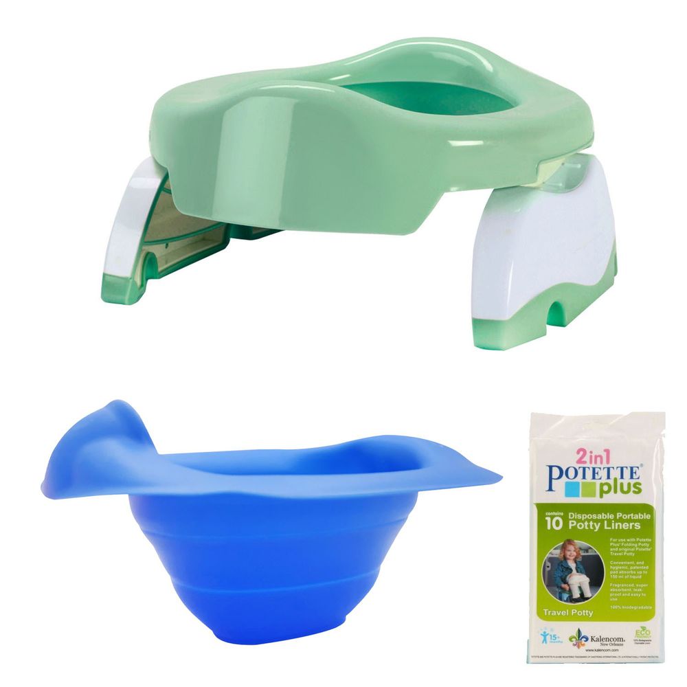 美國 Potette Plus - 可攜式馬桶-薄荷綠+摺疊式家用防漏盆-藍色+拋棄式防漏袋10入裝)