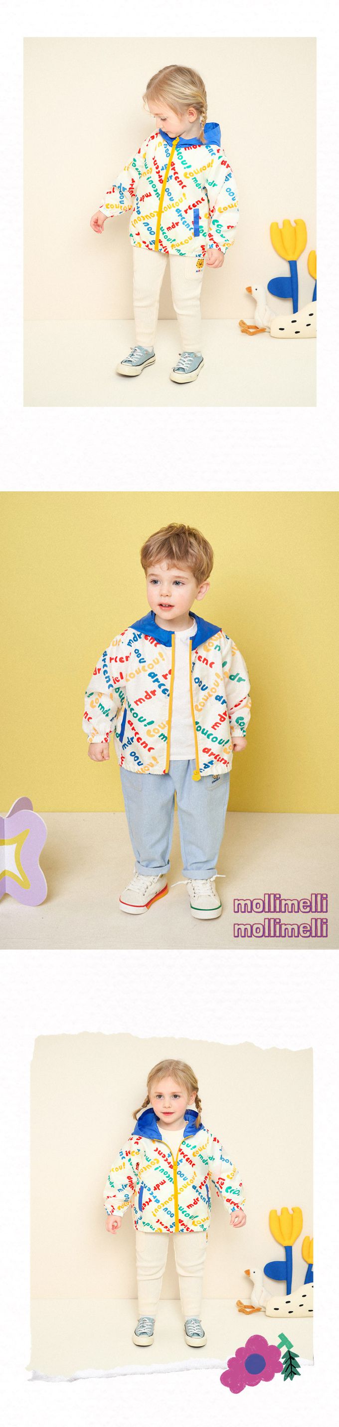 韓國 mollimelli - 彩色文字印花連帽縮口外套-白X藍