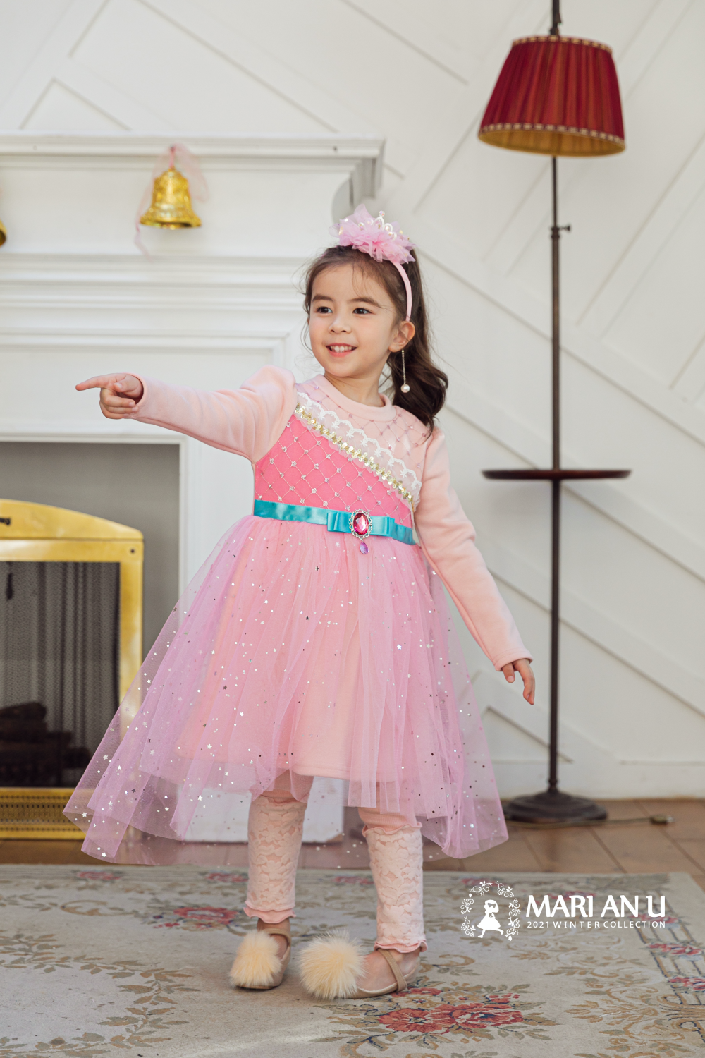 韓國 Mari an u - 粉紅女神網紗洋裝-粉紅