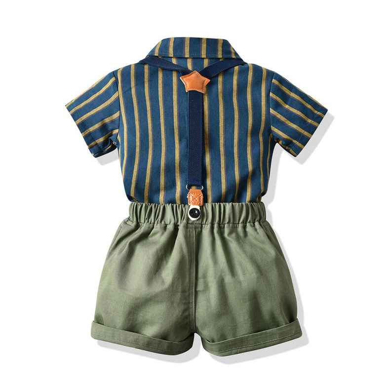 條紋小紳士短袖套裝-綠色背帶款