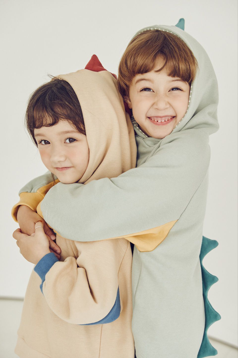 韓國 Mimico - 手繪恐龍立體造型連帽上衣-淺灰綠