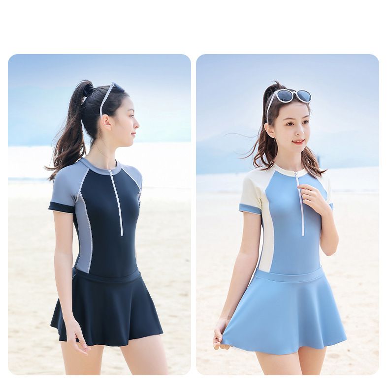 大童女孩運動風短袖連身裙泳衣套裝(二件組)-黑色-泳衣、裙子