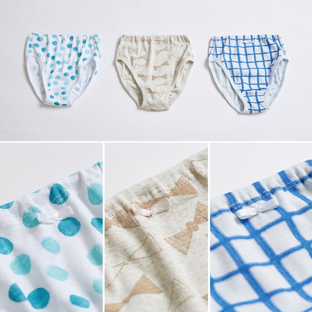 日本 OMNES - 100%有機棉 女孩三角內褲3件組-藍點x蝴蝶結x格子