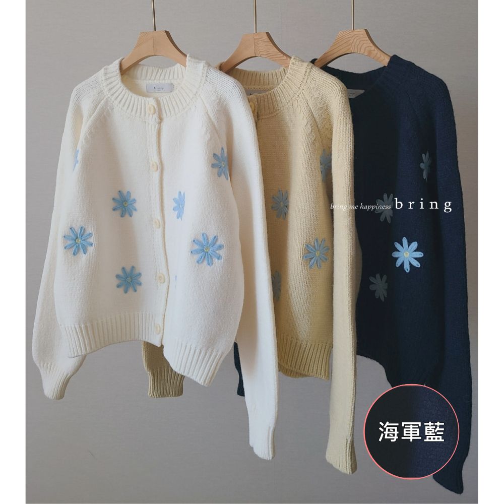 花朵裝飾無領針織外套-海軍藍 (FREE)