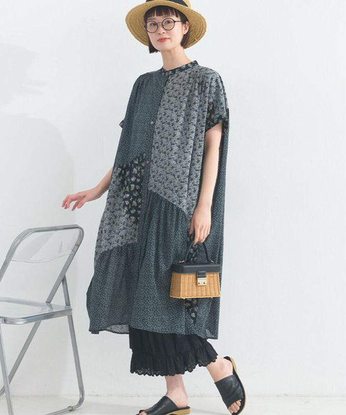 日本 Lupilien - 純棉巴里紗花朵拼布襯衫式洋裝-藍白