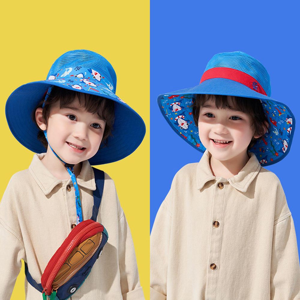 可調節兒童大帽簷防曬遮陽帽-大眼睛鯊魚-藍色
