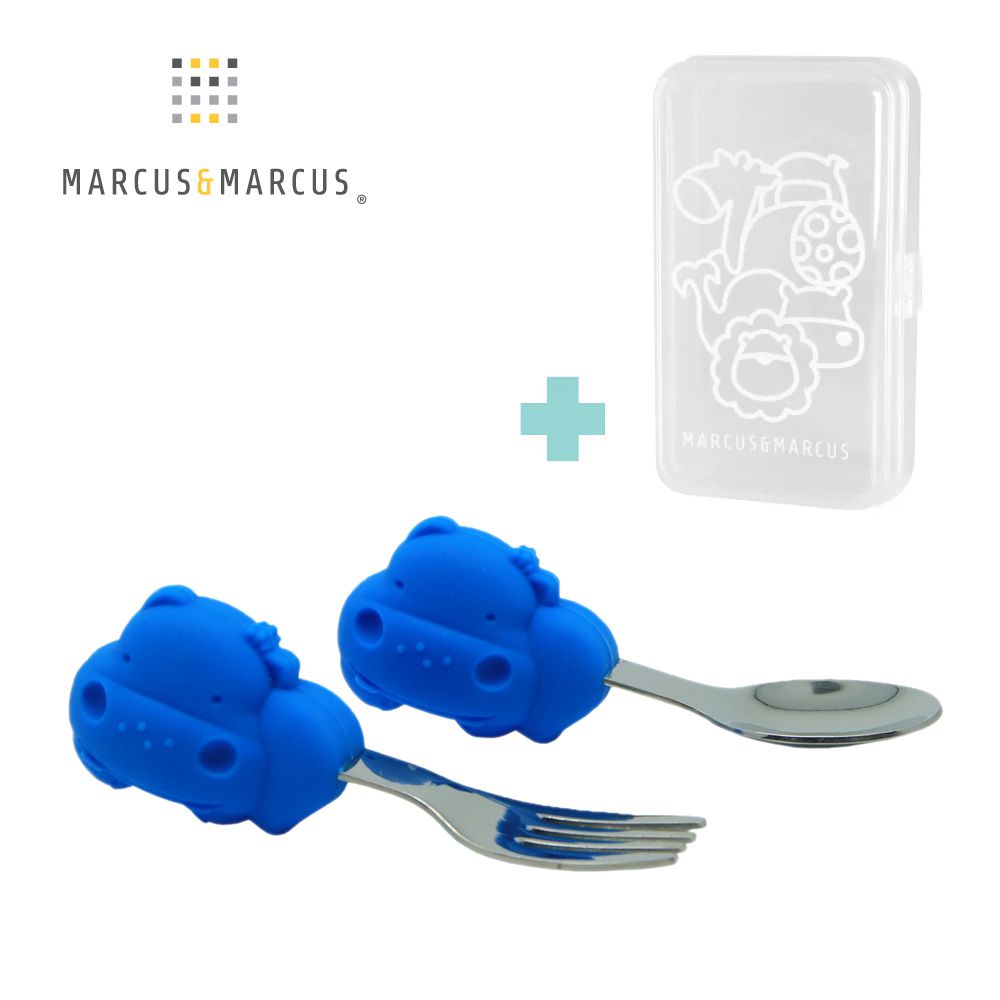 動物樂園寶寶手握訓練叉匙含盒-河馬(藍)