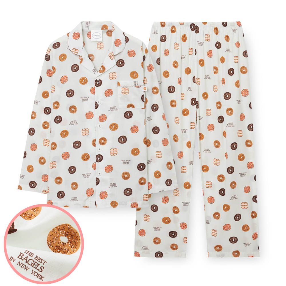 (爸爸)透氣輕柔棉翻領長袖睡衣套裝-紐約貝果-淺灰綠