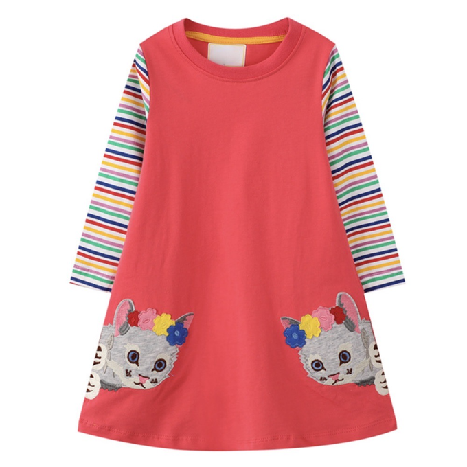 love, charlotte - 小貓咪貼布繡全棉長袖洋裝