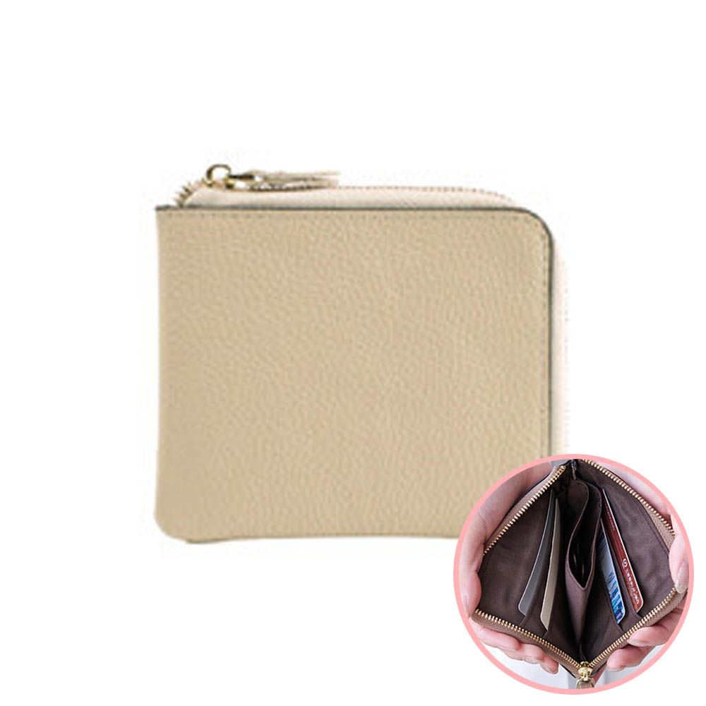 真皮迷你超輕巧拉鍊短夾-淺杏 (11x9.5x1.5cm)