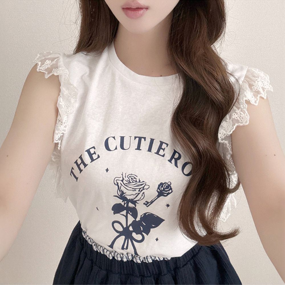 蕾絲滾邊甜美花朵無袖上衣-象牙 (F)