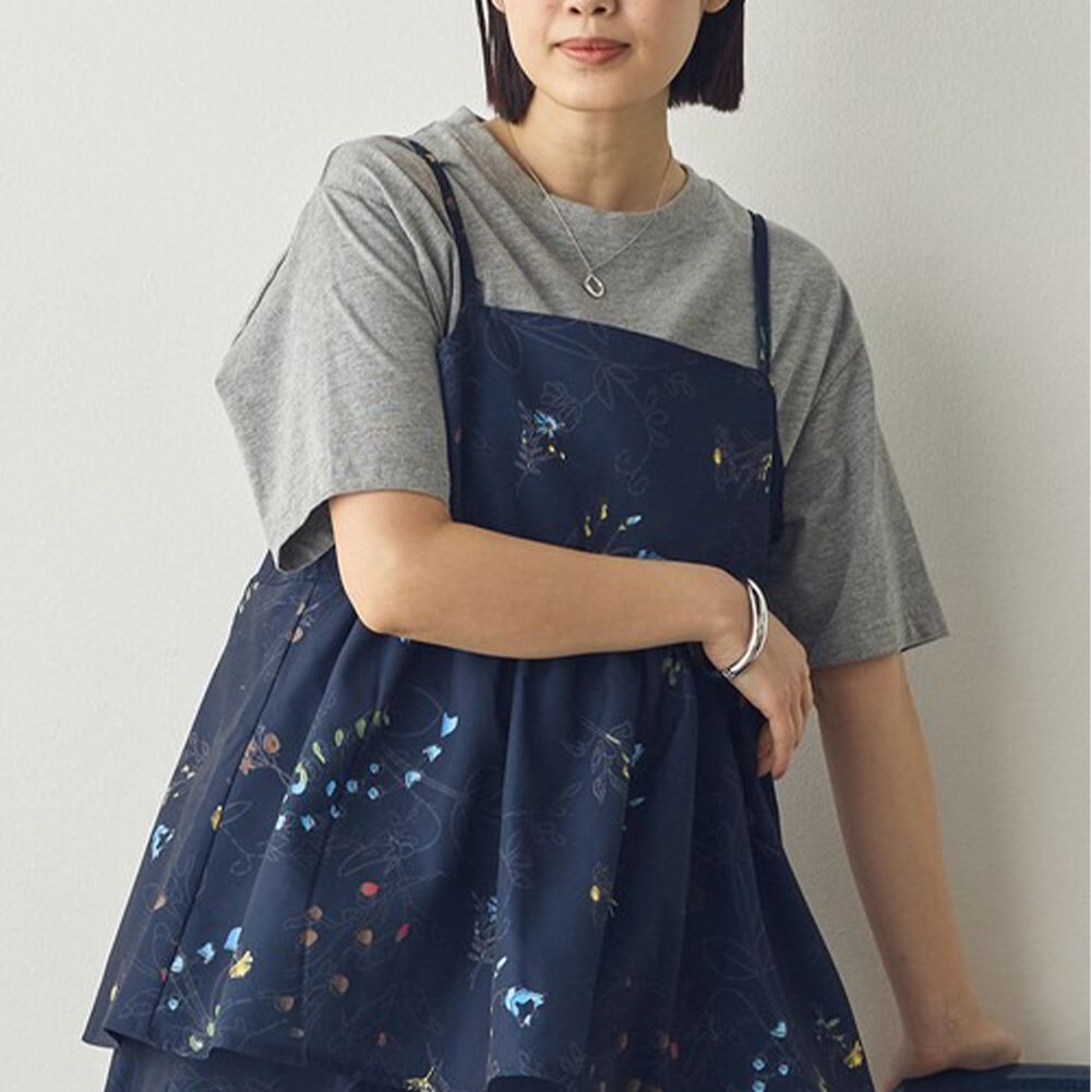 優美花卉縮腰疊穿吊帶背心-海軍藍