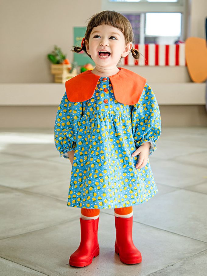 韓國 Pimpollo - 滿版花紋撞色翻領連身洋裝-藍