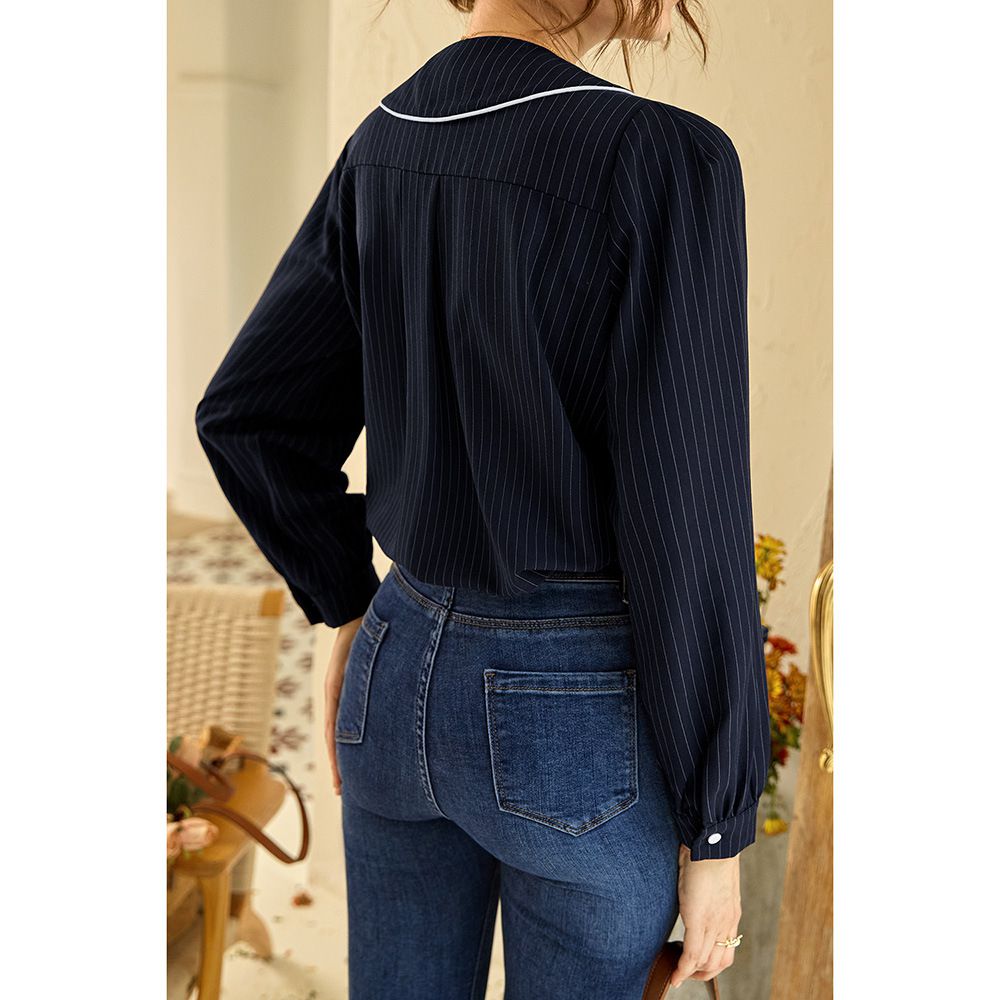 撞色包邊條紋長袖襯衫-深藍色