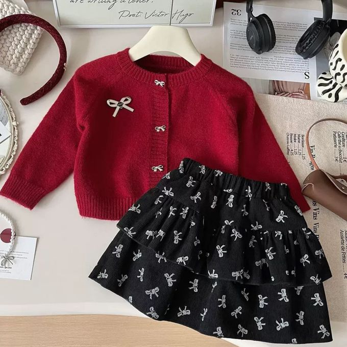 新年拜年蝴蝶結開襟毛衣蛋糕裙套裝