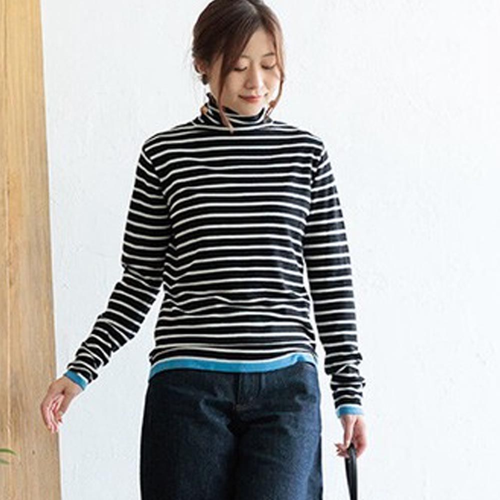 日本 ihuu - 柔軟彈性薄長袖上衣(指洞款)-黑x白x藍