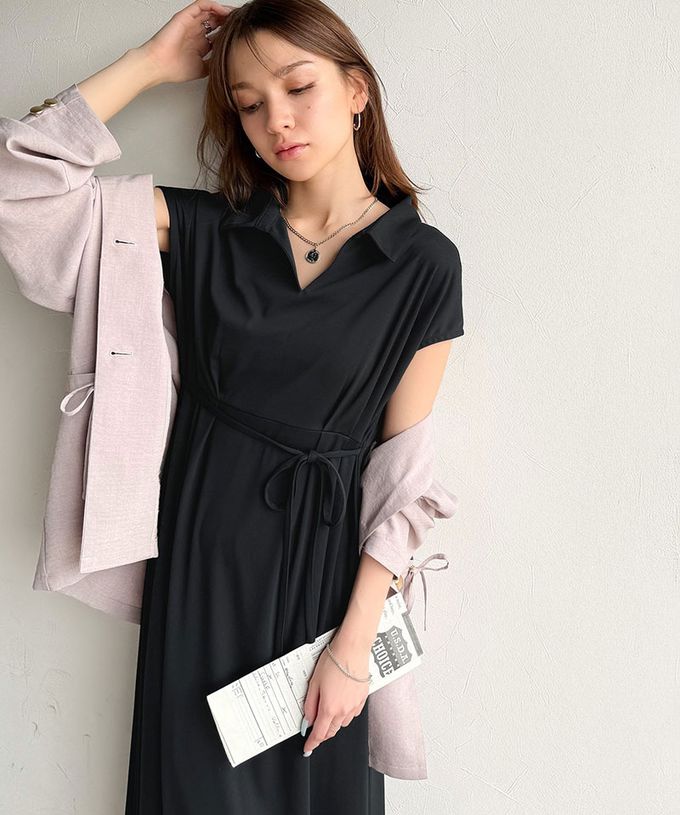 日本 Classical Elf - 接觸冷感 優美V領腰綁帶短袖洋裝-長版-黑