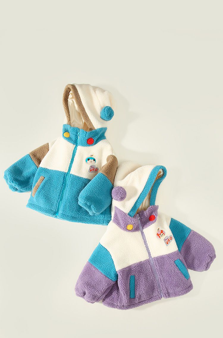 立體造型撞色羊羔絨連帽外套-UFO專員-藍色